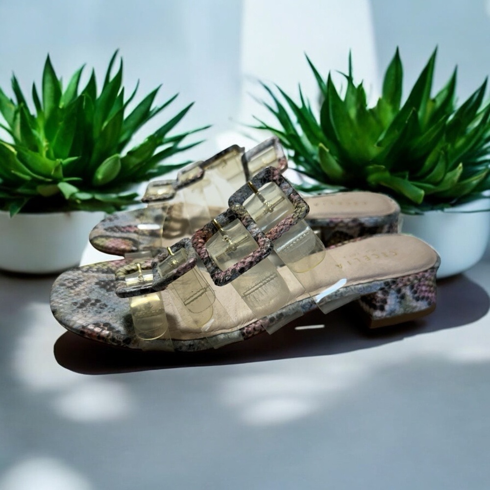 Cecelia New York Lincoln Clear Strap Snake Print Buckle Slide Sandals 7.5 - Picture 1 of 15